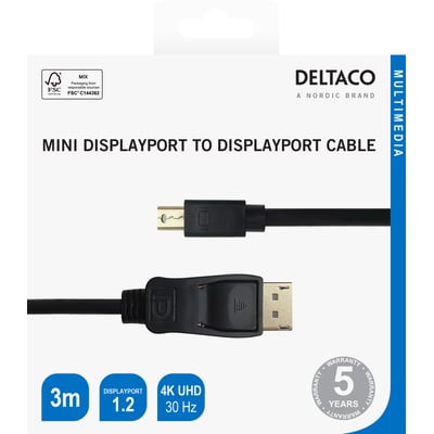 Emballage til Deltaco sort DisplayPort til mini DisplayPort-kabel på 3 meter med begge stik vist på forsiden.