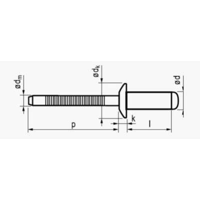 Målskitse af MFX blindnitte 3,2x18 mm i rustfri/rustfri A2 stål med angivelse af dimensioner som mm, dk, p og l.