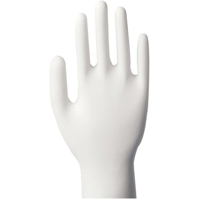 Abena engangshandske i hvid vinyl, upudret, størrelse L, med glat overflade og rullekant på en hvid baggrund.
