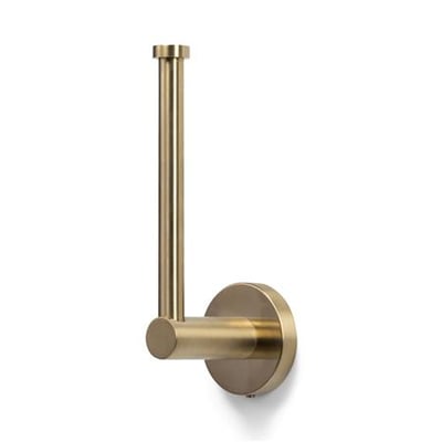 Elegant reservepapirholder i børstet guldmetal, designet til vægmontering og med plads til ekstra toiletpapirruller.