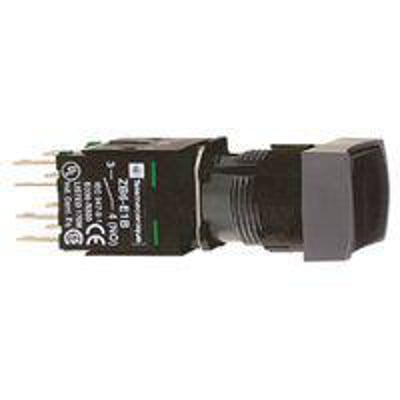 Schneider Electric lampetryk XB6DA22B med sort rektangulært tryk og Ø16 mm frontring, vist med loddepin-stik. Kontrolpanelelement med tydelig mærkning.