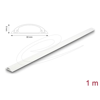 DeLock selvklæbende hvid kabelkanal på 1 meter set skråt med målskitse, der viser et tværsnit på 30 x 8 mm.