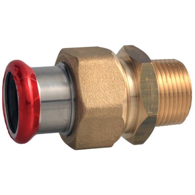 Unico forzinket union med messingomløber, 22mm pressmuffe og 3/4" udvendigt gevind. Produktet har en rød beskyttelsesring.
