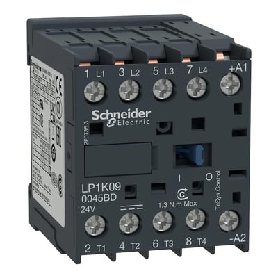 Schneider Electric kontaktor LP1K09 0045BD 24VDC med 4 poler, vist fra en vinkel der fremhæver terminaler og mærkning.