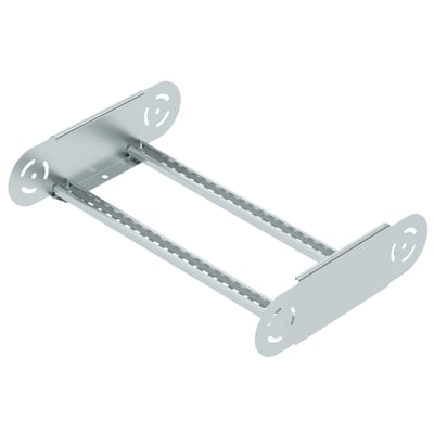 Detaljeret billede af OBO Bettermann ledbøjningselement 110x500 mm galvaniseret, viser monteringshuller og justerbar mekanisme.