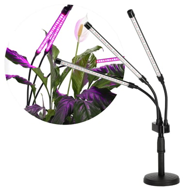 Sort Kobi VITARO 3 ST MINI plantelys på stander med tre fleksible lyselementer, vist ved grønne planter.