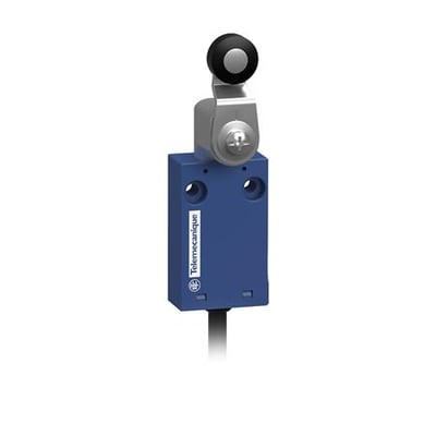 Telemecanique Sensors XCMH2115LA1 endestopkontakt med blåt hus, sort rullearm og kabel, set forfra.