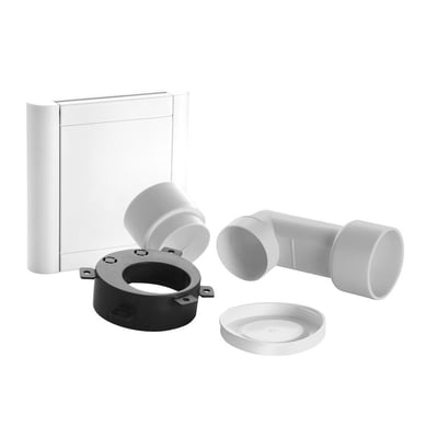 Nilfisk hvid sugekontakt med hvide og sorte fittings, viser alle dele til installation.