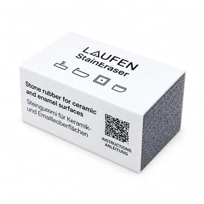 Laufen sanitetsviskelæderet ses som en rektangulær blok med hvid, trykt overside og grå, ru endeflade.