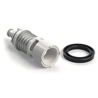 Kemper Protect kontraventil til afløbsventil i hvid plast med metalspiral og en sort pakning ved siden af.