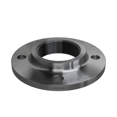 Indura gevindflange 3" PN6 set fra siden, med synlig logo og 4 bolthuller, i sort stål.