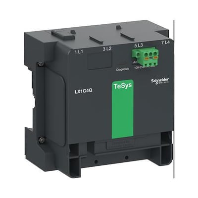 Schneider Electric kontrolmodul LX1G4Q til 4-polet TeSys Giga kontaktorer, sort med grøn detalje og mærkning.