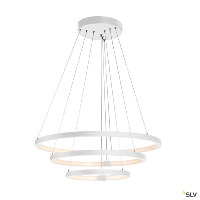 Hvid SLV ONE TRIPLE DALI LED-pendel med tre lysende ringe ophængt i wirer fra en rund baldakin.