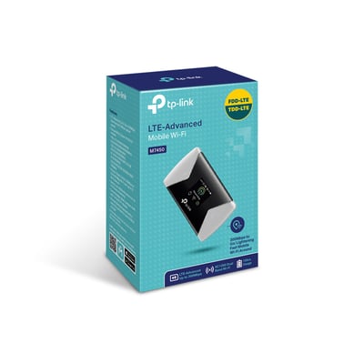 TP-Link M7450 LTE-Advanced Mobile Wi-Fi-router præsenteret i sin emballage, med information om hastighed og enhedskapacitet.