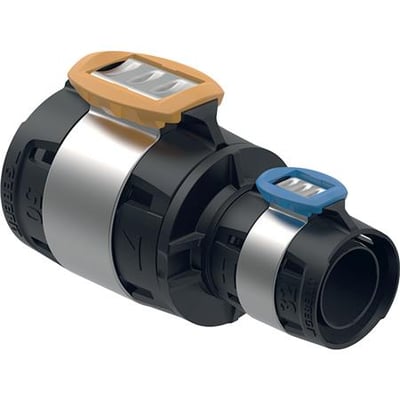 Geberit FlowFit reduktion i sort PPSU med orange og blå koblingsklips, viser 50mm og 32mm dimensioner.