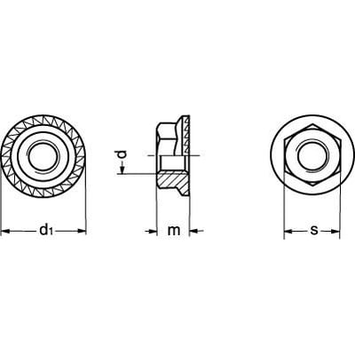 Tekniske tegninger af M4 A4 DIN 6923 flangemøtrik med fortanding, viser dimensioner som d1, p, m og s.