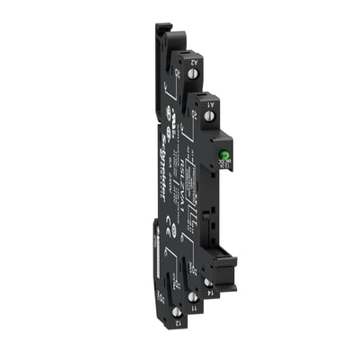 Schneider Electric Zelio RSL Slim skruesokkel RSLZVA3, 110V AC/DC, med grøn indikatorlampe på hvid baggrund.