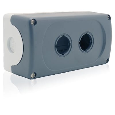 ABB MEP2-0 kapsling til trykknap i grå/lysgrå plast med to huller, isoleret med en reflekterende baggrund.