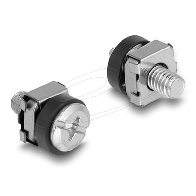 DeLock rackmonteringssæt med 20 dele, type 42420, vist som to metalbeslag med sorte ringe og gevind.