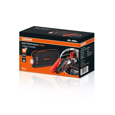 Emballagen til OSRAM BATTERYstart 200 viser startboosteren med powerbank og startkabler.