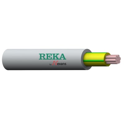 Gråt Reka Cables installationskabel EXQ 90 Lite Dca 1G6 med afskåret ende, synlig grøn-gul isolation og leder.