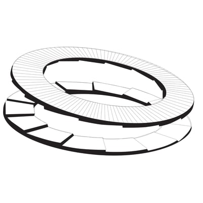 Skitselignende illustration af et par Nord-Lock® SFA4 sikringsskiver i 30 mm, der viser kilelåsningsmekanismen med radiale ribber.