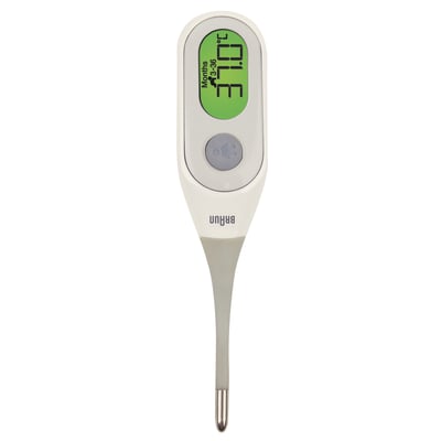 Nærbillede af Braun Age Precision digitalt termometer PRT 2000, viser det grønne display med temperatur og aldersindstilling.