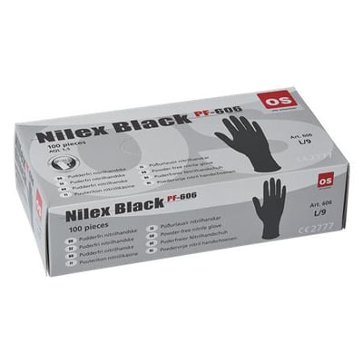 Pakke med 100 stk. Nilex Black PF-606 nitrilhandsker i sort, størrelse L/9 med CE 2777 mærkning.
