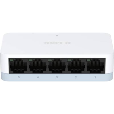 Hvid D-Link DES-1005C Fast Ethernet-switch med fem sorte netværksporte, set forfra.
