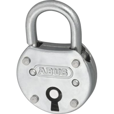 ABUS 465Z/50 enslukkende hængelås i blankt metal med præget logo og nøglehul på forsiden.