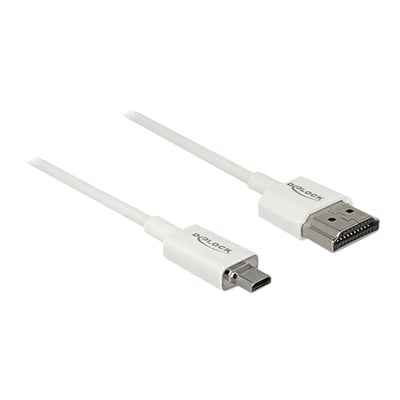 DeLock High Speed HDMI-kabel med Ethernet i hvid, 0,25 meter, med HDMI-A og HDMI Micro-C stik i hver ende.