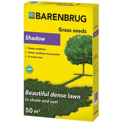 Barenbrug Shadow græsfrø 1 kg pakke, der lover en tæt plæne i skygge og sol, med illustration af et træ og græs.