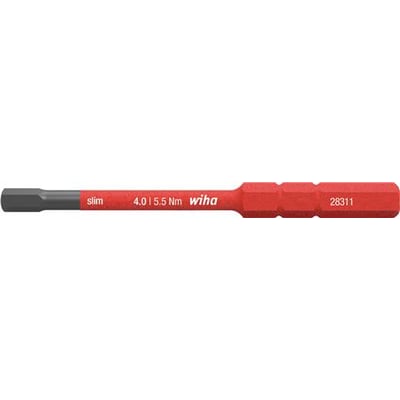 Enkelt Wiha slimbit VDE 1000V sekskant 4 mm x 75 mm, med mærkning af størrelse og brand på rødt skaft.