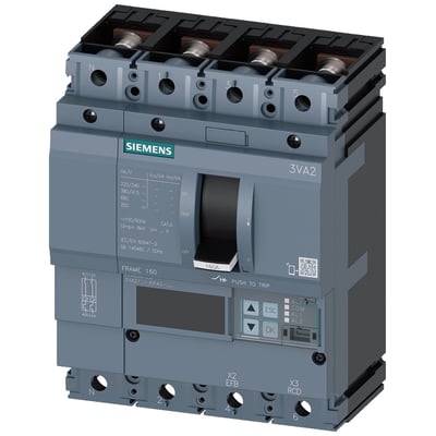 Siemens 4-polet maksimalafbryder 3VA2, byggestørrelse 160, 25A med ETU850 LSI beskyttelse. Produktet har en sort afbryderarm og display.