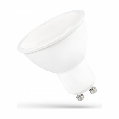SpectrumLED GU10 LED-pære på 10 W med matteret, hvid front og to metalstifter i fatningen.