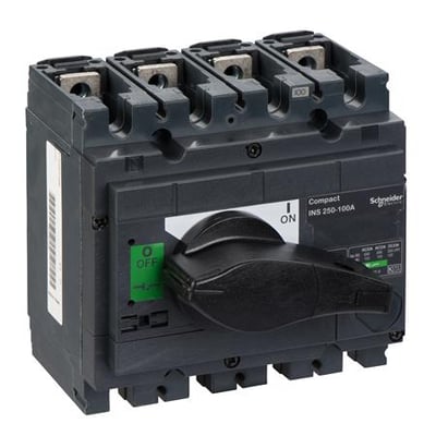 Schneider Electric Interpact INS250 lastadskiller, 4-polet, 100A, mørkegrå med sort håndtag og grøn 'OFF' mærkat.