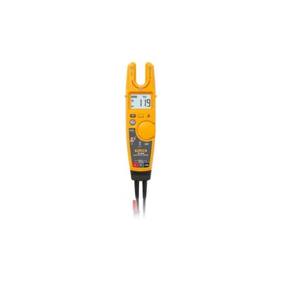 Fluke T6-600 elektrisk multitester, vist fra fronten med åben kæbe og display, der viser 119 V AC på hvid baggrund.