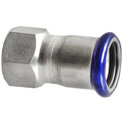 Unico overgangsmuffe i rustfrit stål med 42mm udvendig press-ende og 1 1/2" indvendigt gevind, blå EPDM O-ring.