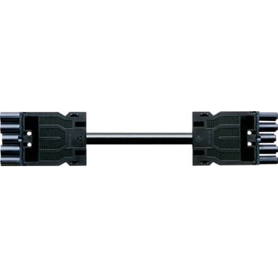 Nærbillede af Wieland GST18i5 mellemkabel, viser detaljer på de 5-polede han/hun-stik og 1,5mm² sorte kabelender.