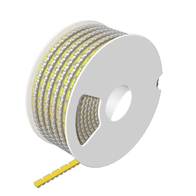 Weidmüllers gule kabelmærkningssystem ses på en rulle med sammenhængende mærkater til ledere på 1,2–1,8 mm.