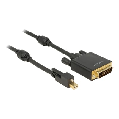 Sort aktivt DeLOCK-kabel fra mini DisplayPort 1.2 til DVI-D Dual Link, med skrue, guldfarvede stik og ferritkerner.
