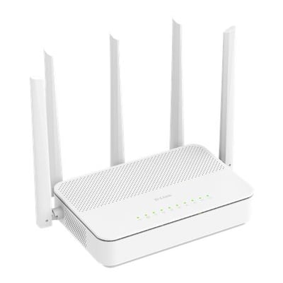 Hvid D-Link BE3600-router med Wi-Fi 7 set skråt forfra, med opretstående antenner og lysende indikatorer.