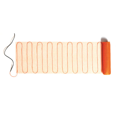 Jevi varmemåtte på 10 m2 med 150W effekt, vist udfoldet med orange varmekabel på netbund og tilhørende sort strømkabel.