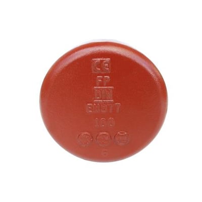 SML endedæksel 100mm fra Preis & Co. i rød med prægede mærker som CE, EN877 og 100.