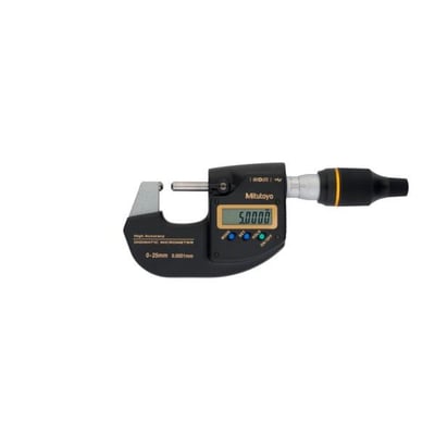 Mitutoyo Digimatic mikrometer 0-25mm med 0,0001mm opløsning, sort med digital skærm, der viser 5.0000.