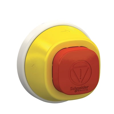 Schneider Electric firkantet nødstophoved i rød med gul ring og integreret LED, med "Tryk/Vrid" symbol.