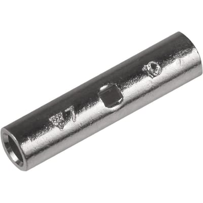 En Elpress Cu-pressemuffe KST10, 10mm², set skråt fra siden, med fokus på det indvendige kabelstop og inspektionshul.