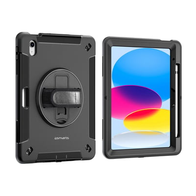 4smarts Rugged Case Grip i sort TPU-materiale, der viser forsiden med en tablet og bagsiden med håndstrop. Perfekt beskyttelse mod fald.