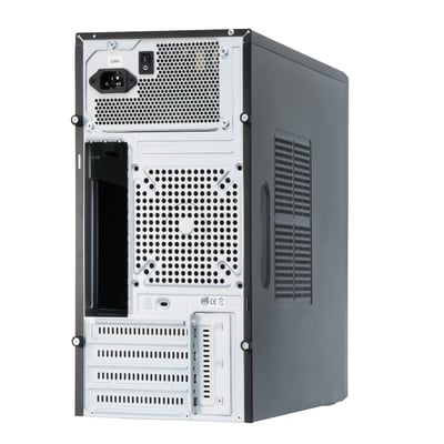 Chieftec CT-01B-OP matx computer kabinet bagside med porte og ventilationshuller, sort metal.