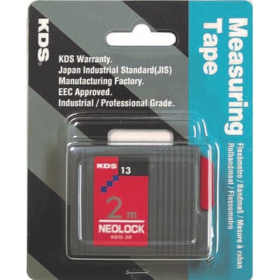 KDS målebånd i emballage med 2m længde og 13mm bredde, fremstillet af glasfiber.